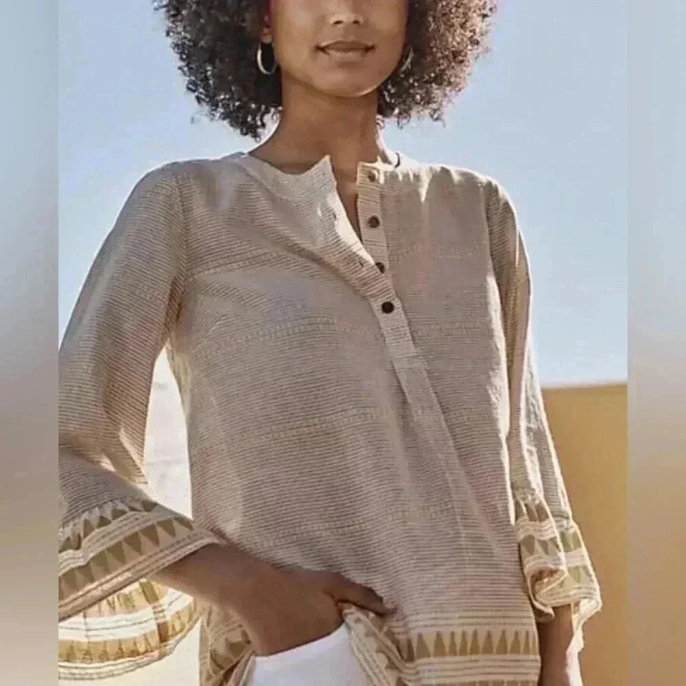 J Jill Top Beige Yellow Stripe Aztec Boho Flounce Sleeve Blouse Organic Cotton